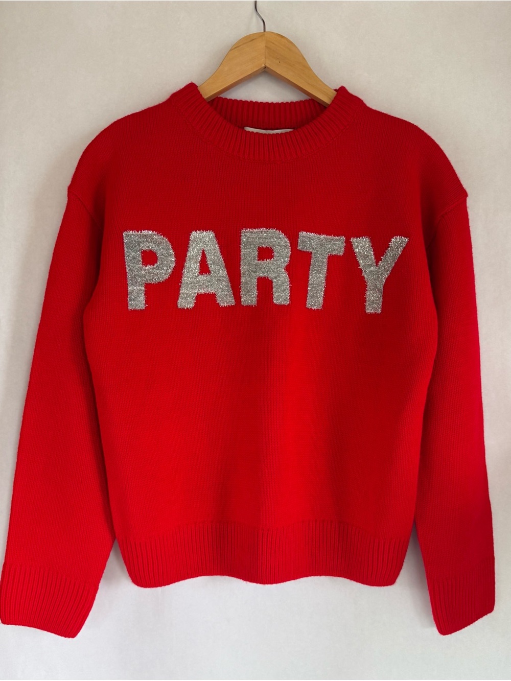Anthropologie English Factory Red Crewneck Sweater with Silver 'PARTY' Lettering